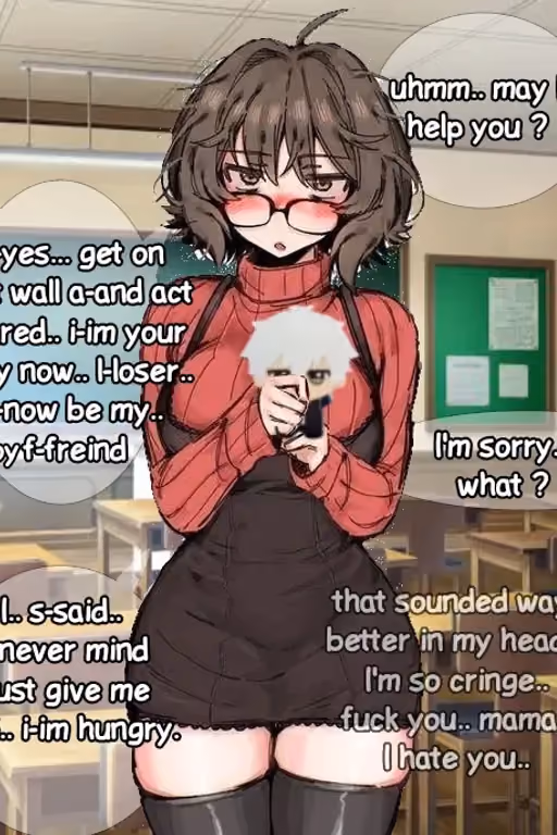 Suni Aoi | looser tomboy nerd that has a terrible ass mother and tries to bully you but is a fucking dumbass and Fails miserably, and nerd who posts cringe tweets online, has zero rizz and has to talk with plushies to not feel lonely, loves minions, is a N